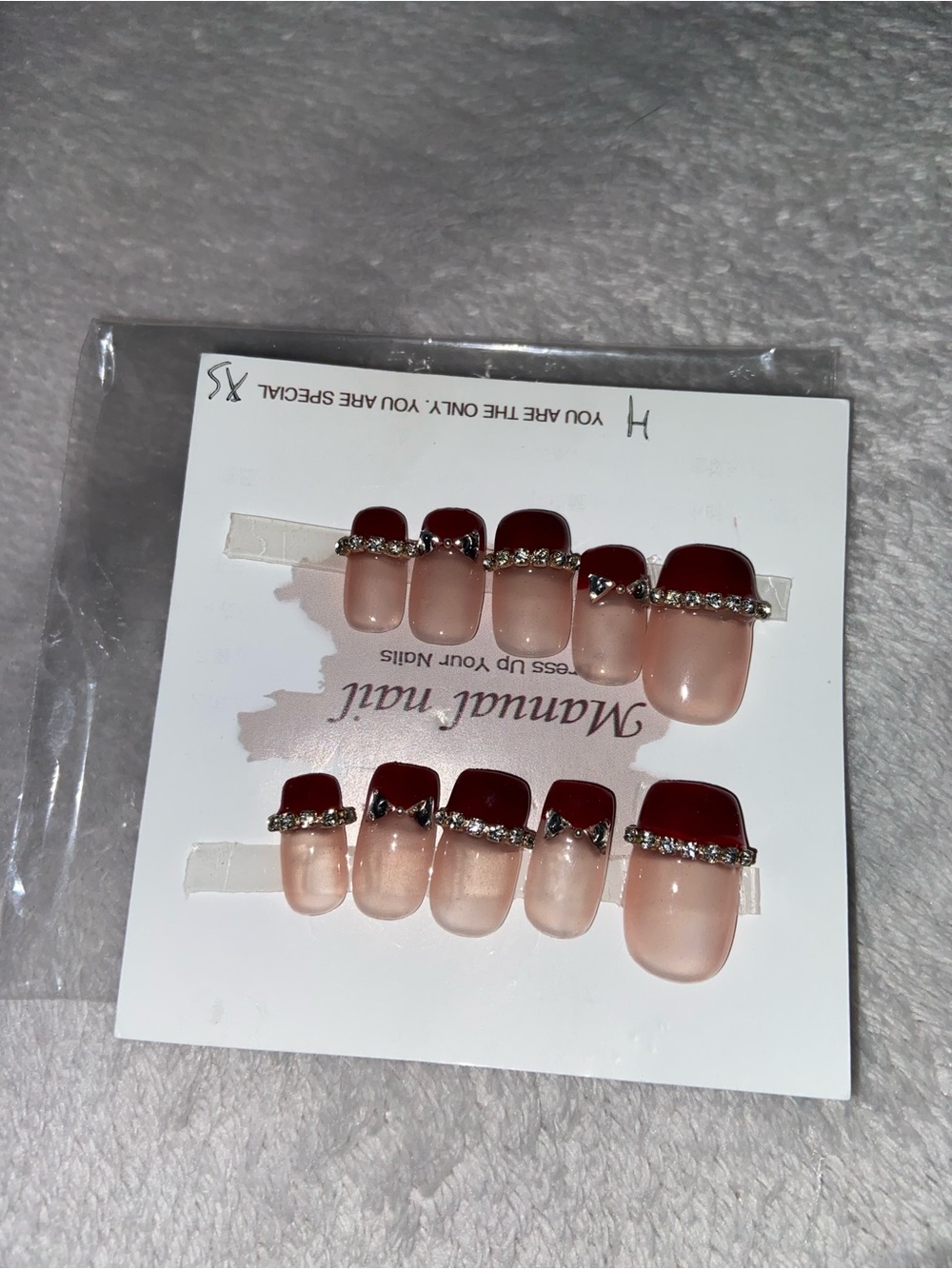 Burgundy & Nude Press-On Nails with Rhinestone Accent